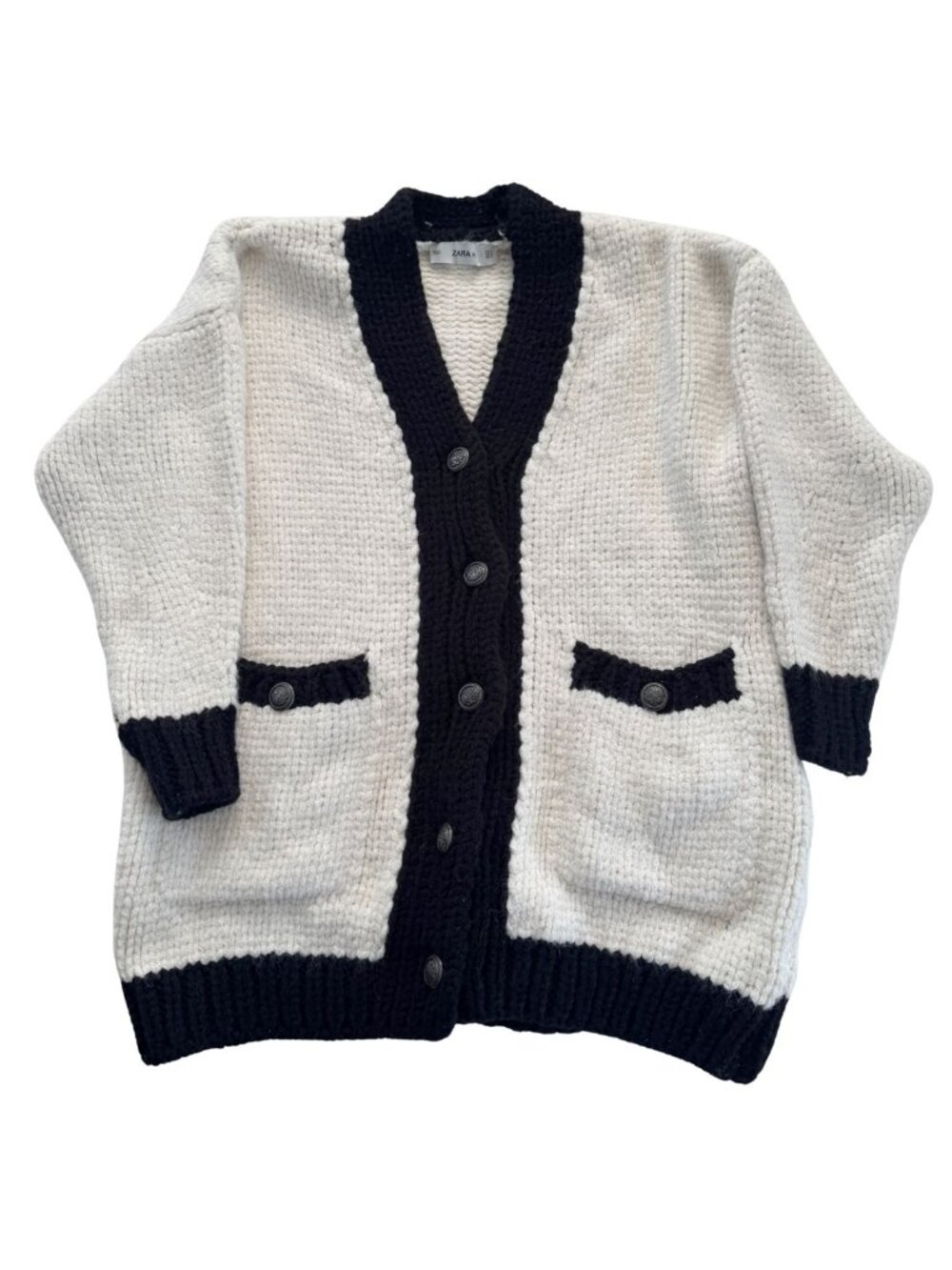 ZARA Chunky Oversized Knit Cardigan White Black Contrast Trim - Picture 5 of 13